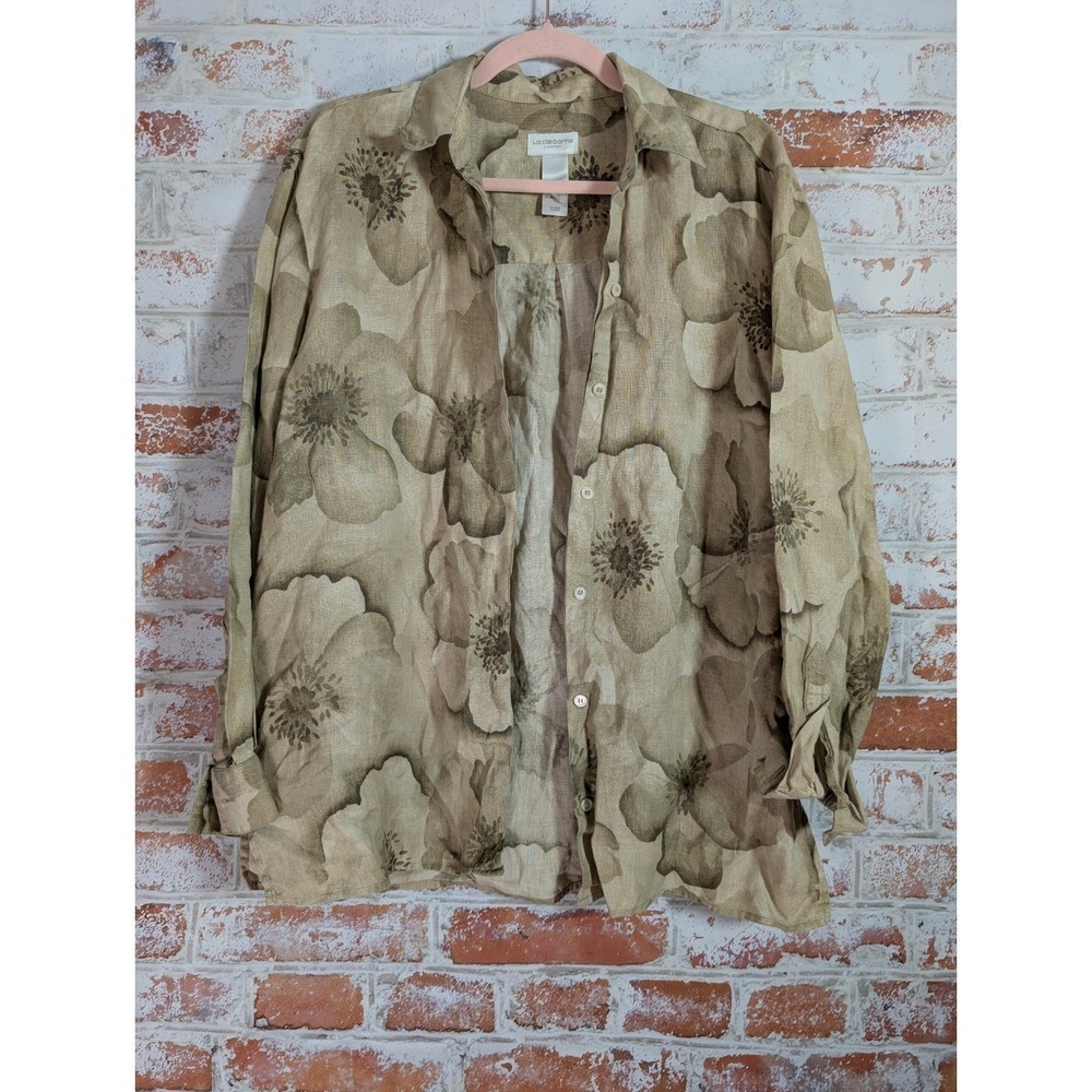 Liz Claiborne 100% Linen Shirt Womens Medium Tan Floral Lizsport Quiet Luxury